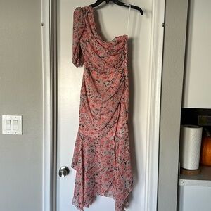 Pink floral asymmetric one shoulder dress